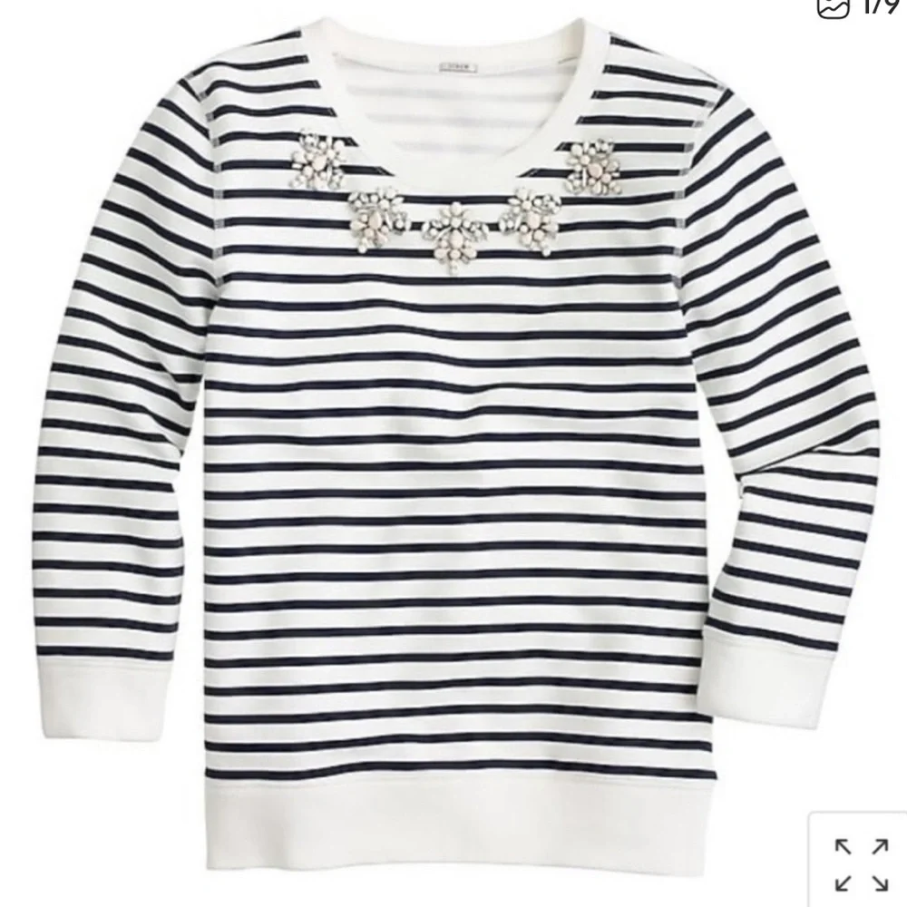 J Crew Jewel Embellished Striped Navy and White Top